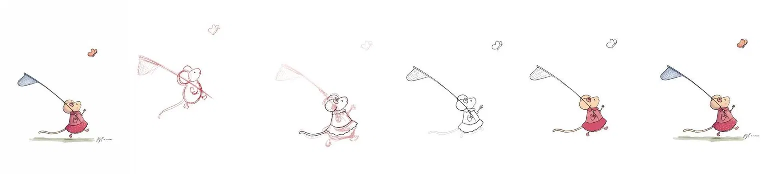 Process stages: a mouse with a butterfly net chasing a butterfly, from red sketch to line art to finished color