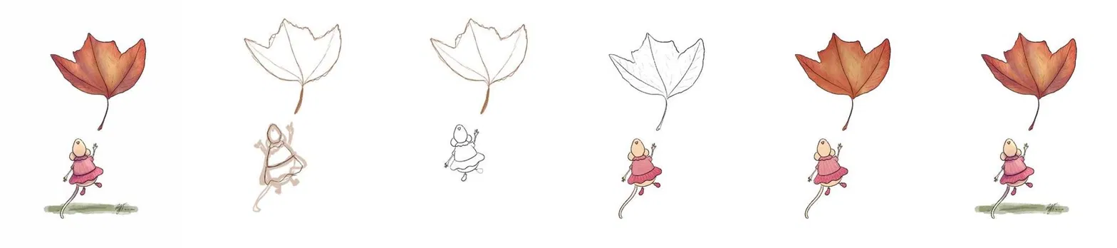 Process stages: a little mouse in a pink dress reaching for a falling autumn leaf, from rough sketch to line art to finished color