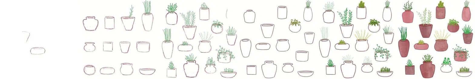 Process stages of a pattern: a single pot outline grows into rows of pots, then plants are added, then the pots are painted terracotta red