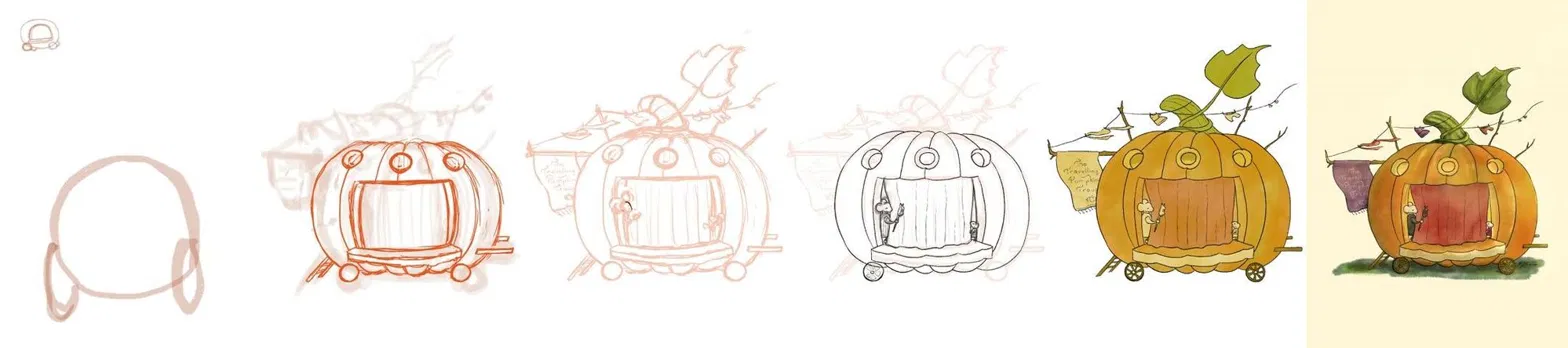 Process stages: a pumpkin turned into a little wheeled theatre wagon, from a single circle to sketches to the finished painted scene